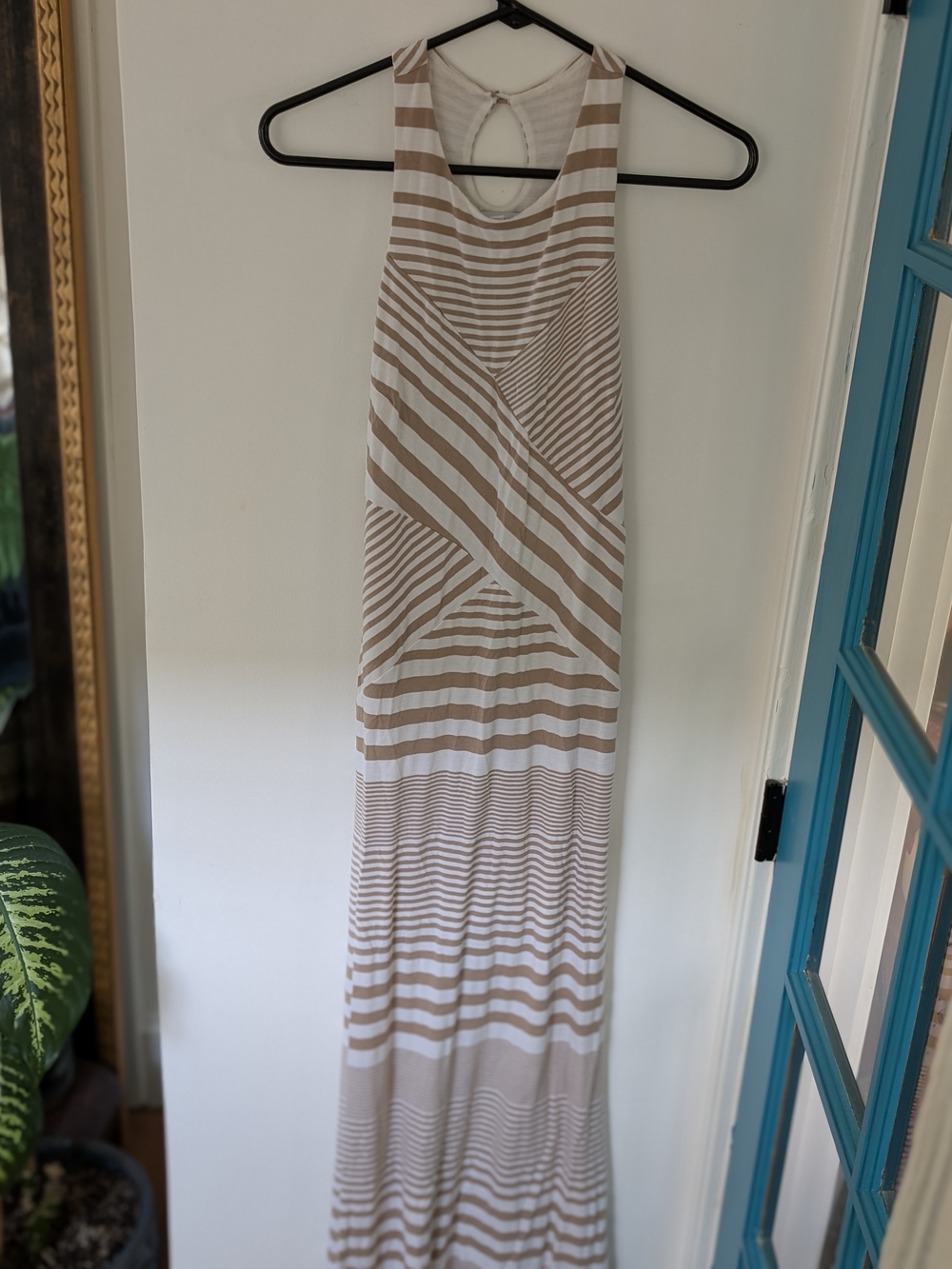 bebe Cream and White Striped Racerback Maxi Dress